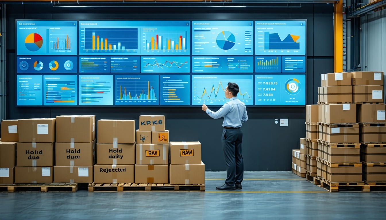 A quality manager analyzing supplier performance dashboards with KPIs on a large screen