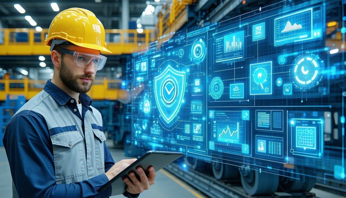 Professionals conducting an EHS audit with a digital dashboard showing audit schedules and findings
