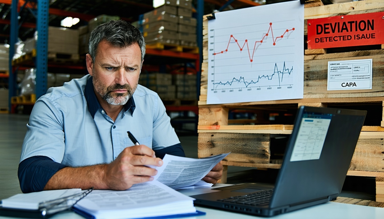 A quality manager reviewing deviation reports during a video call with a supplier