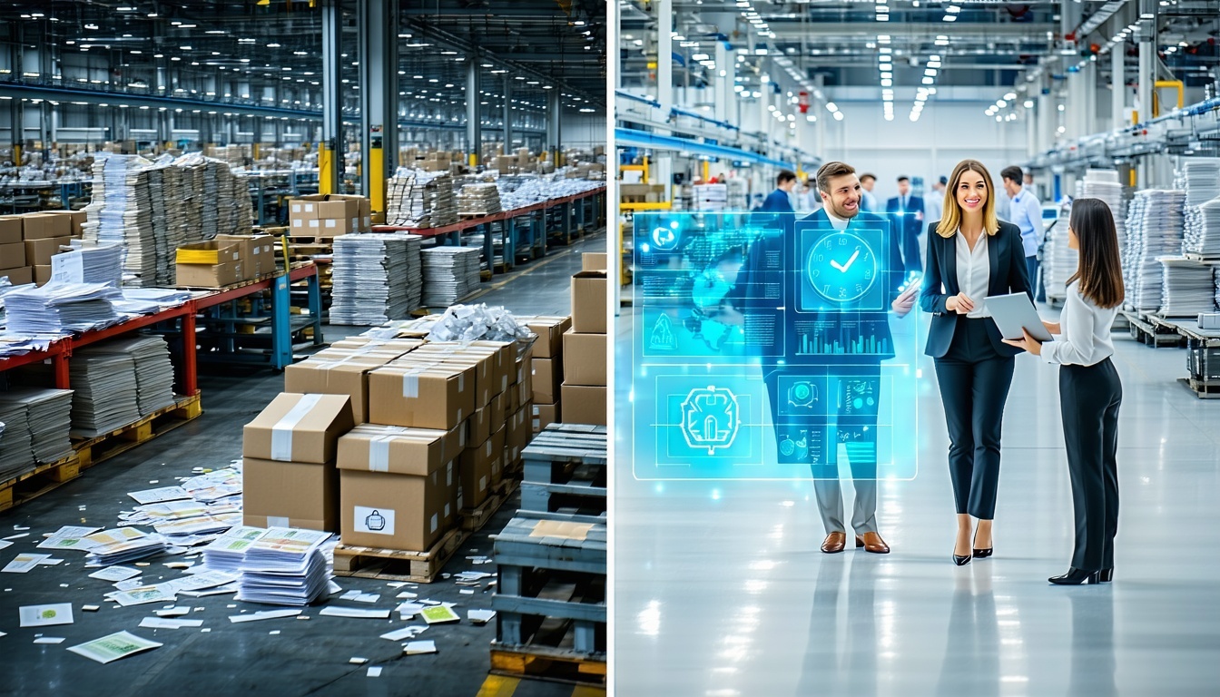 A split-scene image of a chaotic factory floor with disorganized paperwork and frustrated employees