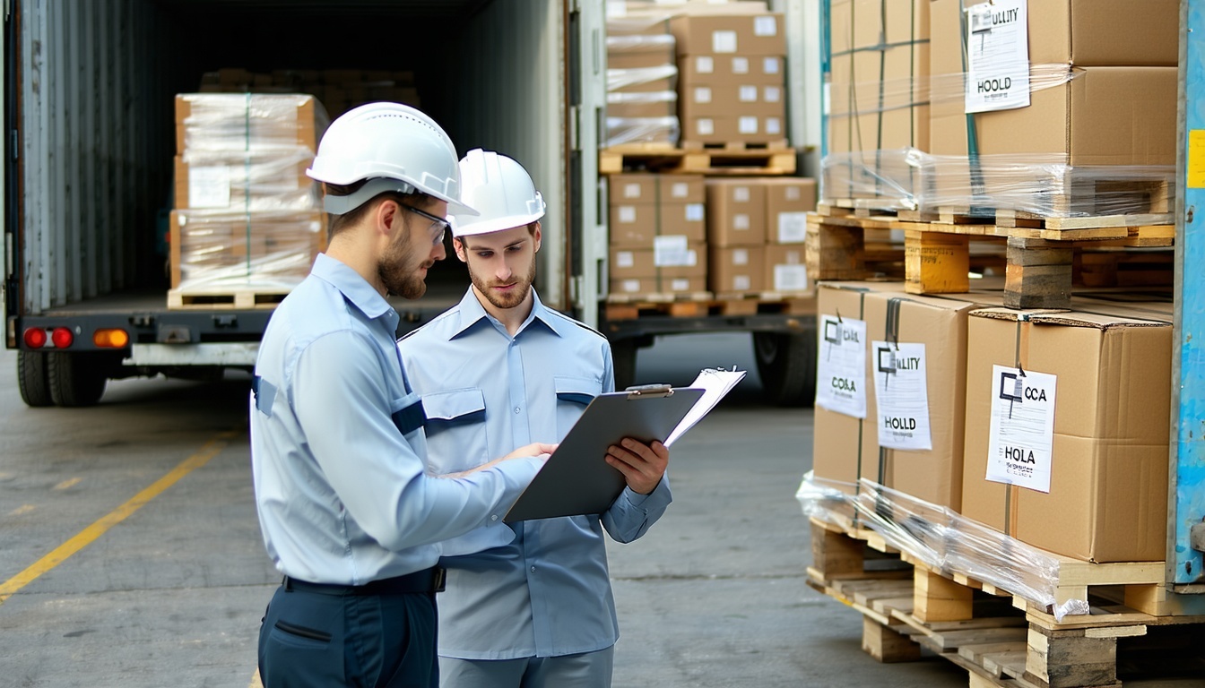 Two quality inspectors examining incoming goods and reviewing a Certificate of Analysis