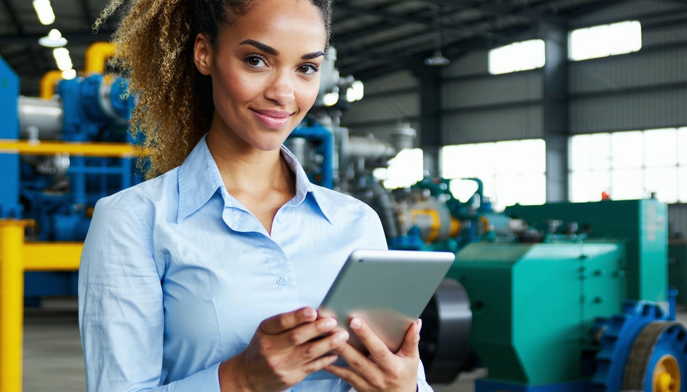 A woman in a manufacturing environment recording an EHS incident on a tablet
